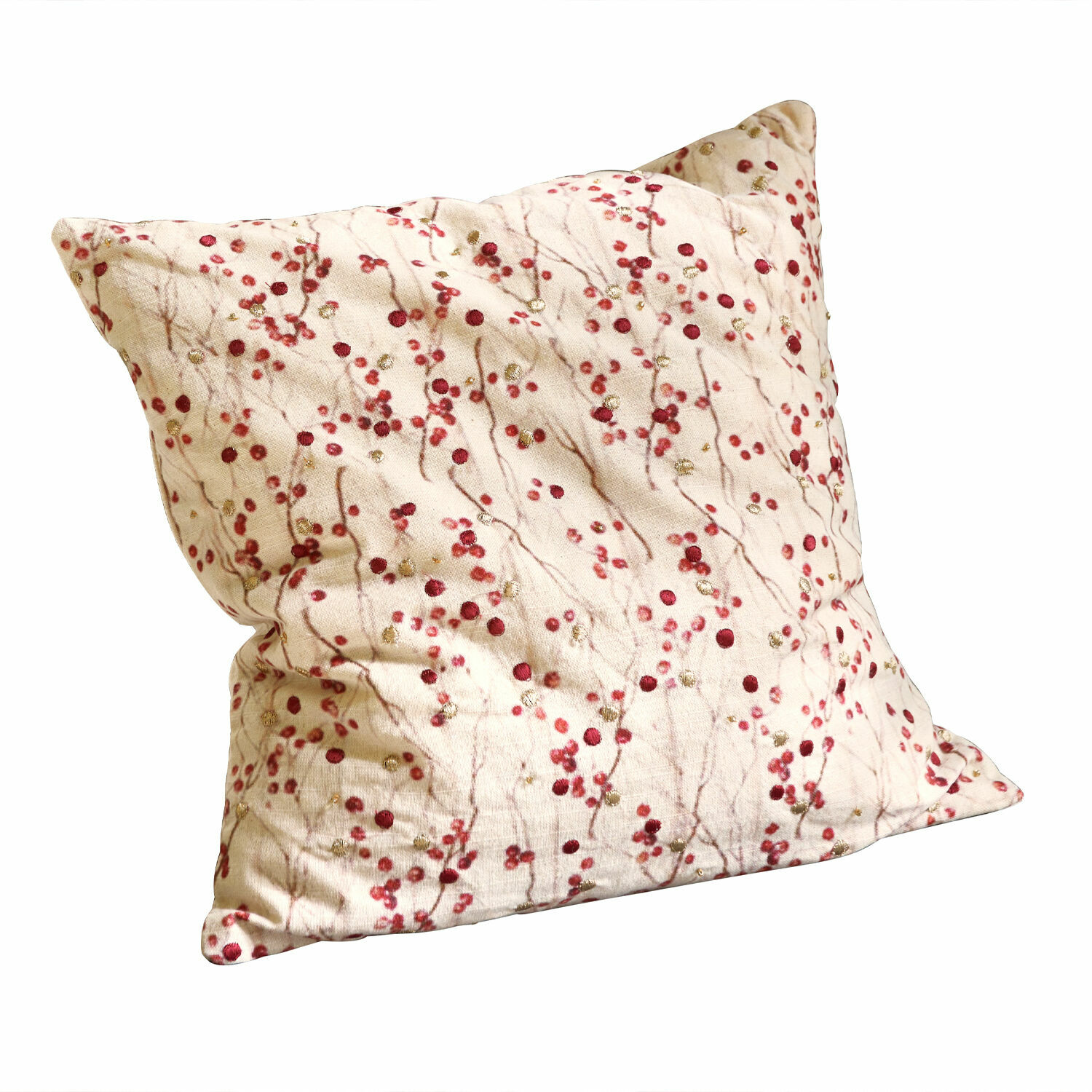 Cuscino beige con motivo rami rossi e dorati, tessuto morbido, decorazione per interni