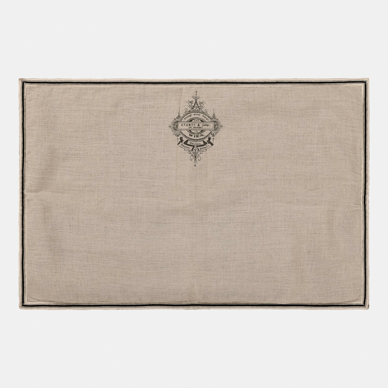 Scendibagno Rania Tovaglia in lino beige con stampa nera e bordo, stile rustico per decorazione tavola