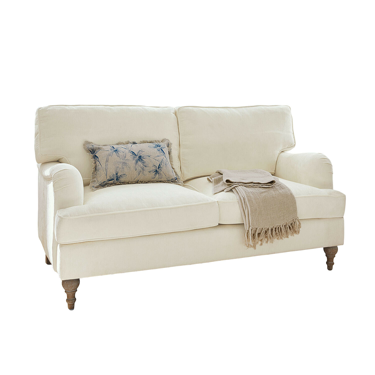 Divano Elvika Divano beige in tessuto con cuscino floreale blu e coperta beige su gambe in legno tornito