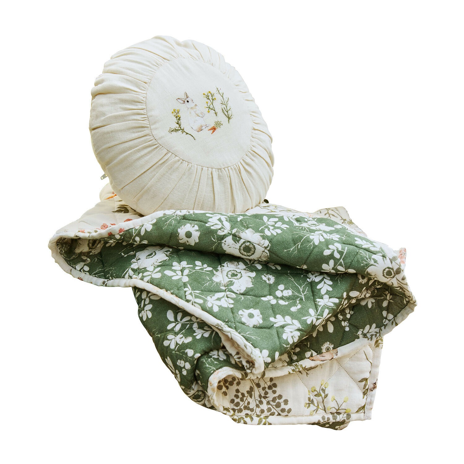 Set cuscino e plaid Puddlebrook Cuscino rotondo crema con ricamo coniglio e coperta trapuntata verde a fiori per decorazione casa
