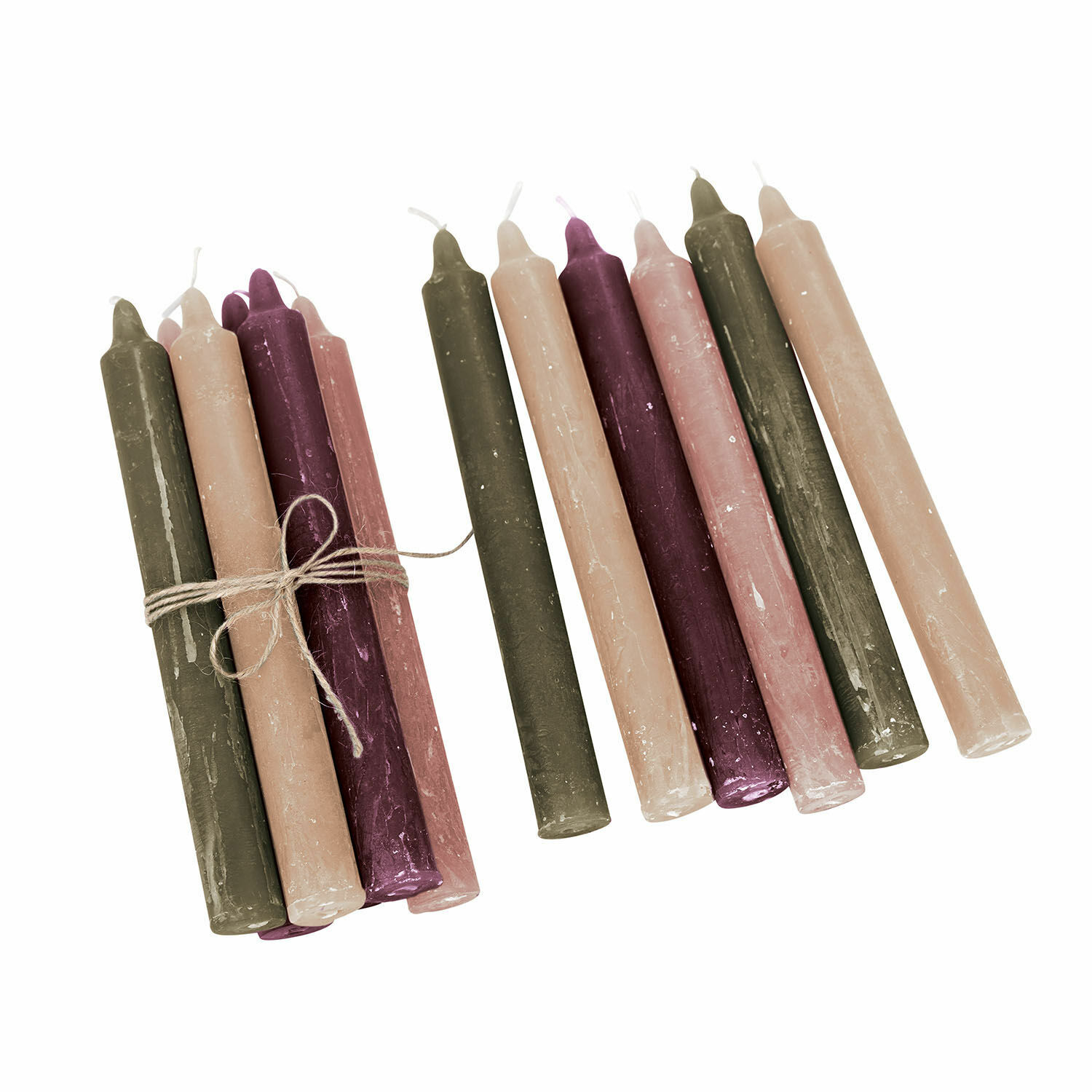 colorato Set da 12 candele colorate Bauceau in rosa, verde e viola per decorazione d'interni elegante