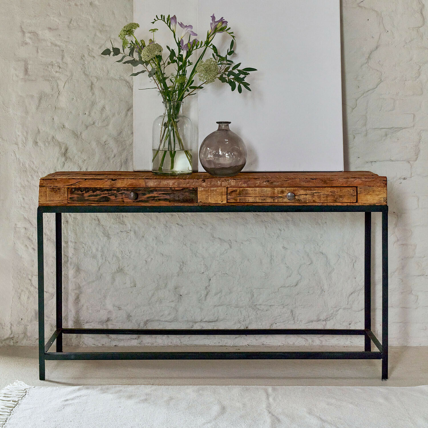 Consolle Rovino Consolle in legno e metallo stile industriale con due cassetti e decorazione floreale