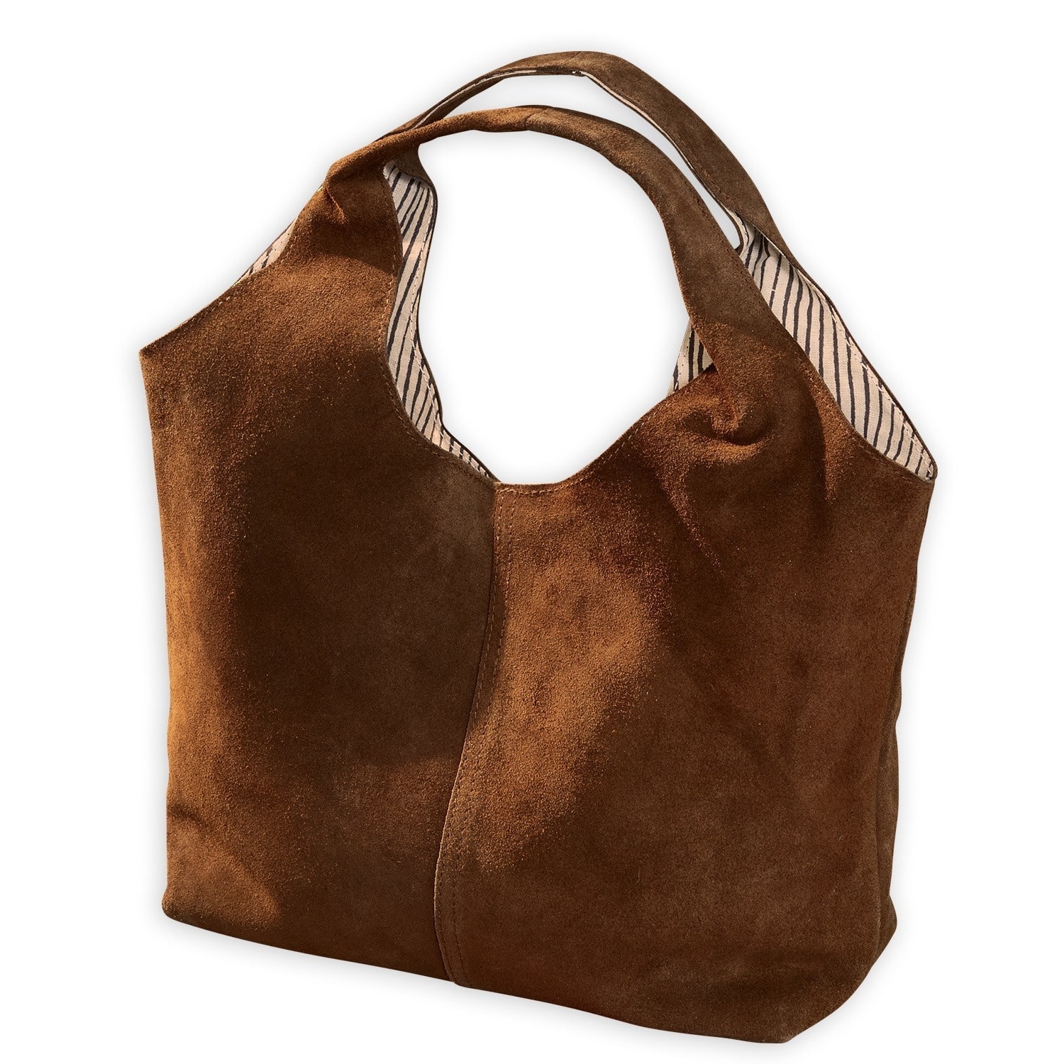 Borsa Georgine Borsa marrone in morbido camoscio con manico e fodera a righe, accessorio di moda quotidiano
