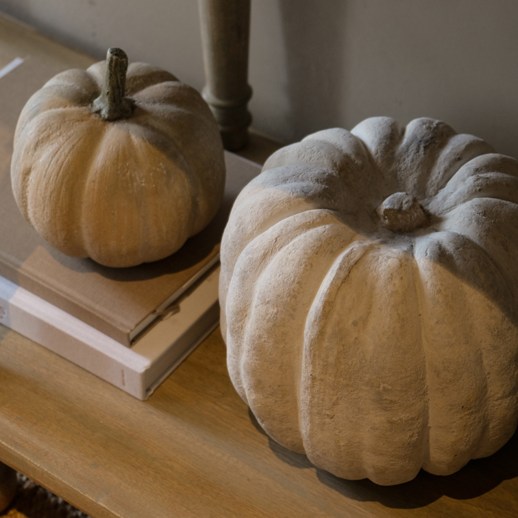 Zucca decorativa in cemento dai toni naturali su tavolo in legno, decorazione autunnale per interni