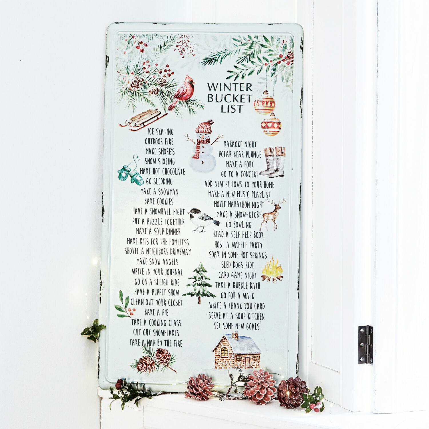 Quadretto decorativo List Targa metallica bianca con lista invernale e illustrazioni festive per decorazione stagionale