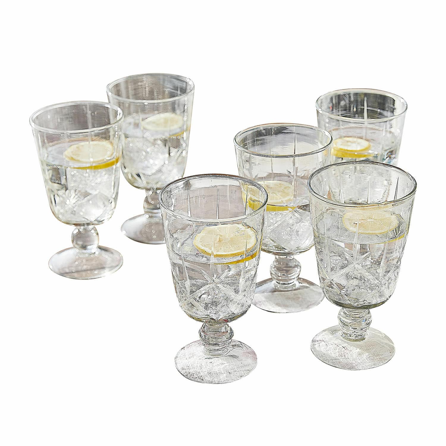 Set di 6 bicchieri Mirathor Set di sei bicchieri trasparenti con gambo, acqua e fetta di limone, vetro decorativo