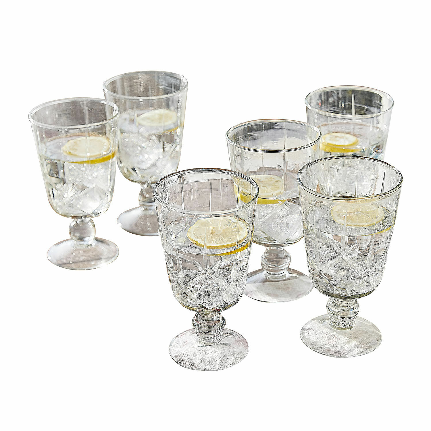 Set di 6 bicchieri Mirathor Set di sei bicchieri trasparenti con gambo, acqua e fetta di limone, vetro decorativo