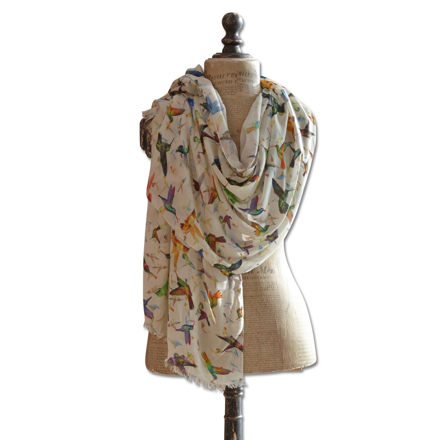 Sciarpa Birds Sciarpa leggera con motivo di uccelli colorati su fondo crema, tessuto morbido, accessorio di tendenza