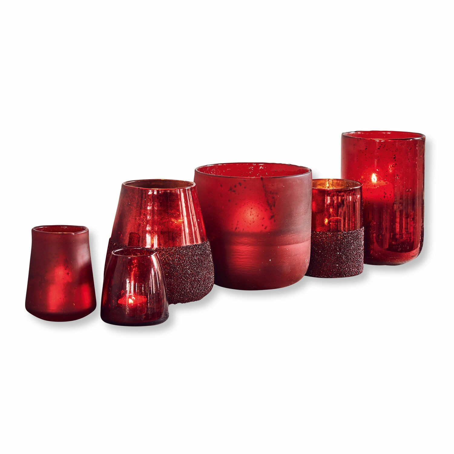 Set di 6 portalumini Paro Set di portacandele in vetro rosso di varie forme e texture per decorazione d'interni