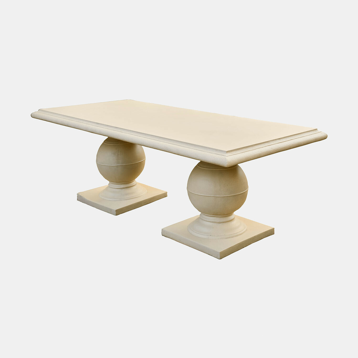 Tavolo Talvero colore crema antico con gambe sferiche massicce, mobile solido per soggiorno