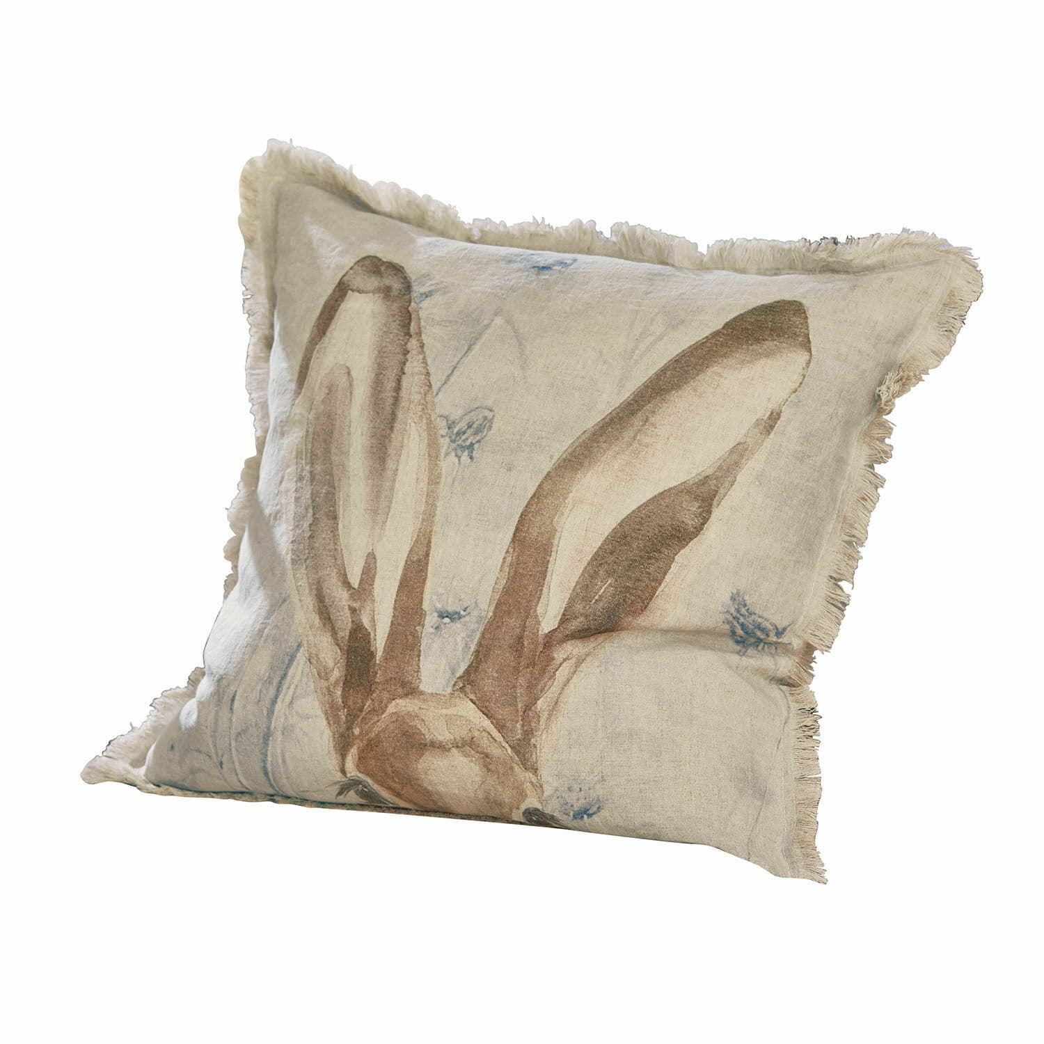 Copricuscino Kameron Cuscino beige in lino con stampa orecchie di coniglio e frange, decorazione per la casa