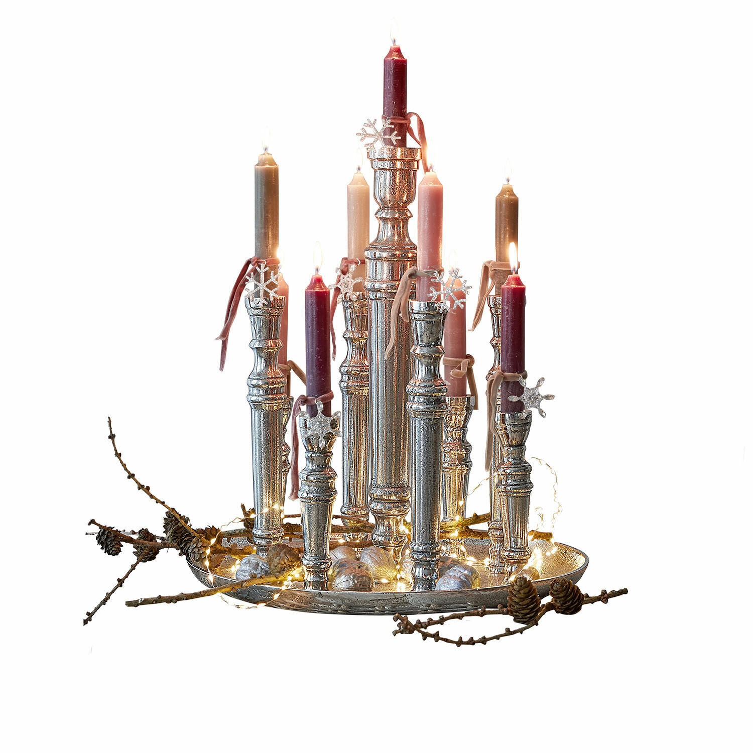 Portacandele Calcot Candelabro decorativo argentato con più candele colorate e decorazioni natalizie