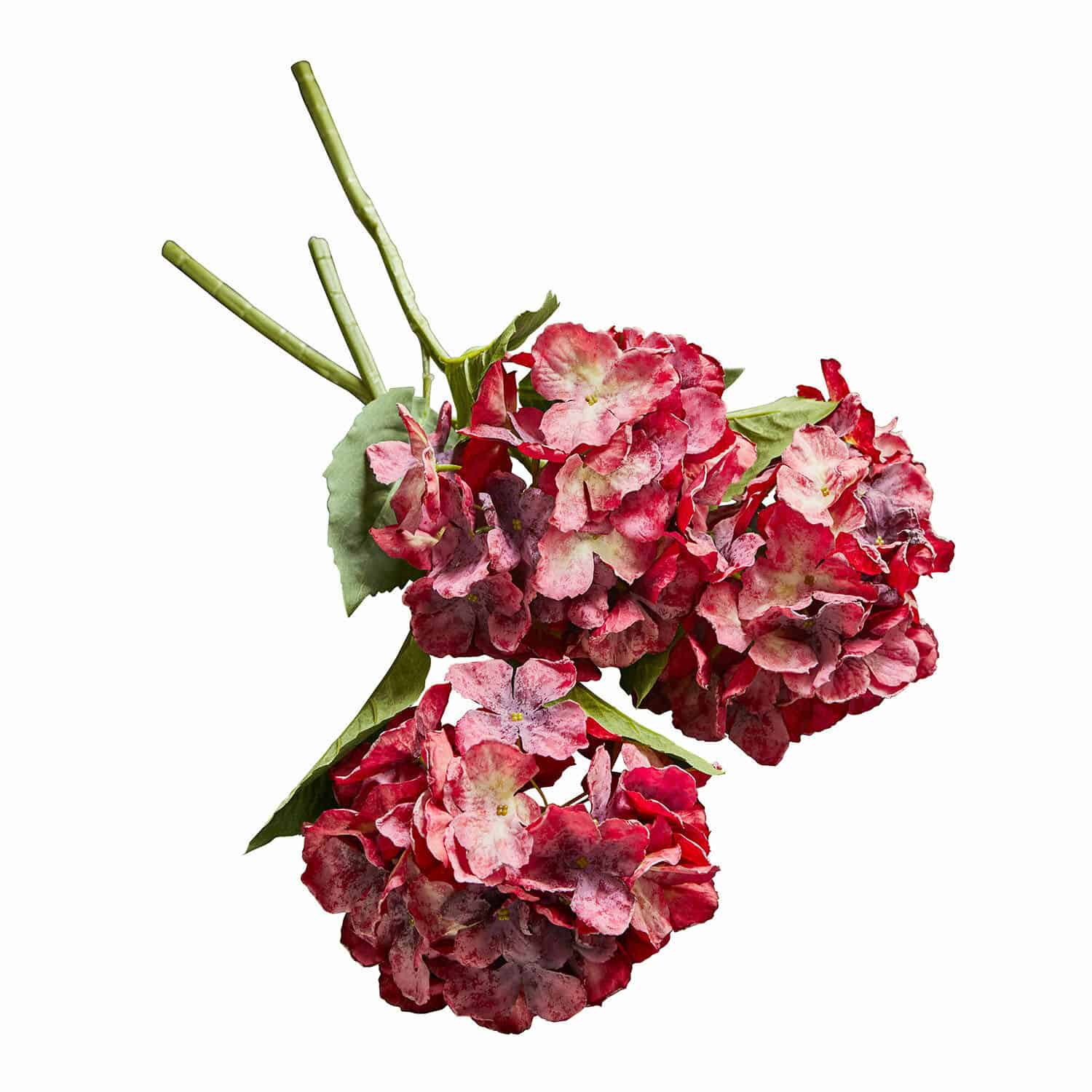 Set di 3 fiori decorativi Virette Mazetto di ortensie artificiali rosse e rosa con foglie verdi per decorazione d'interni