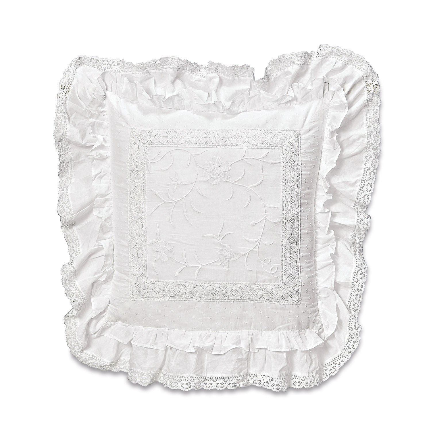 Cuscino Marbury Federa bianca in cotone con pizzo e ricamo, decorativa per la camera da letto