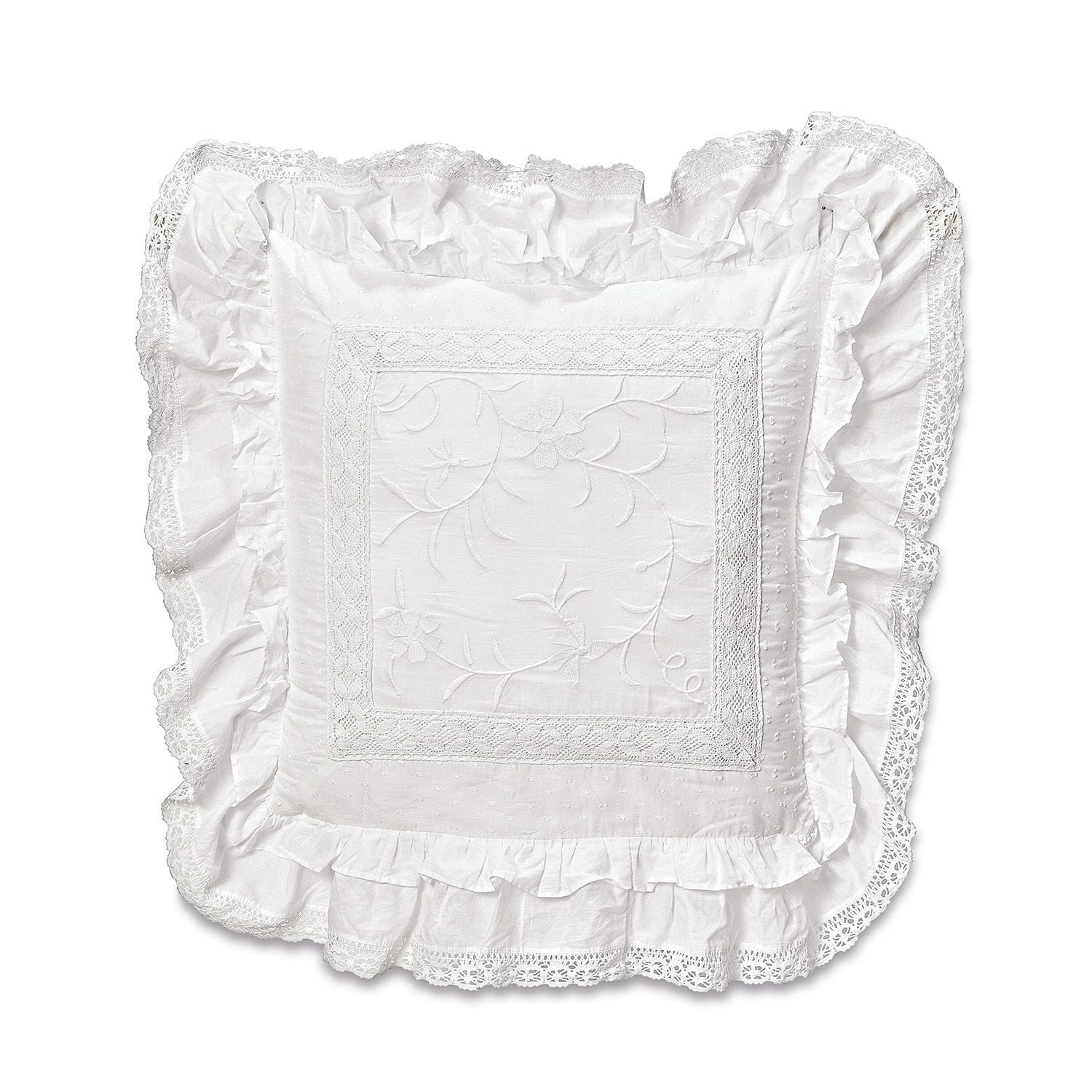 Cuscino Marbury Federa bianca in cotone con pizzo e ricamo, decorativa per la camera da letto