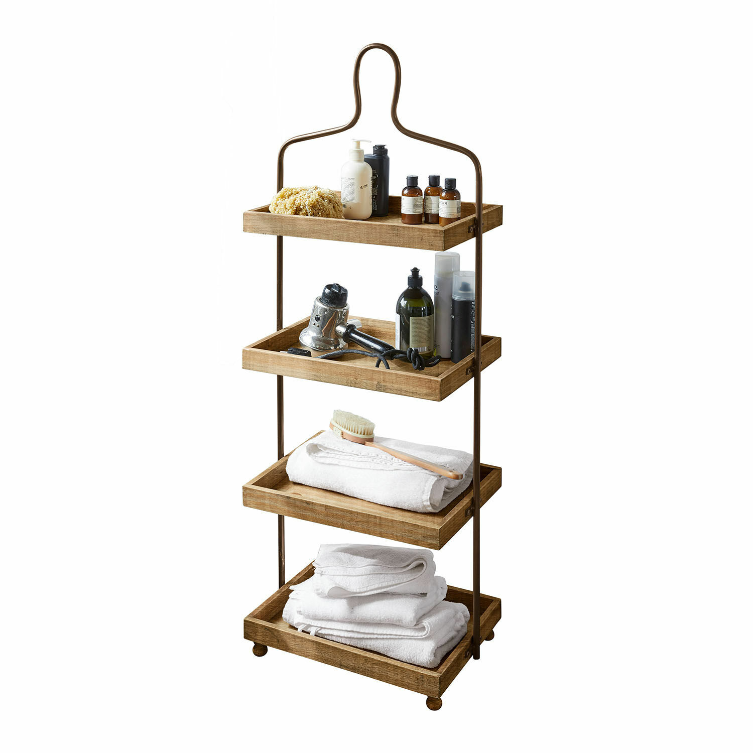 Alzata Lasse Scaffale da bagno con quattro ripiani in legno e struttura metallica marrone, con asciugamani e prodotti per la cura