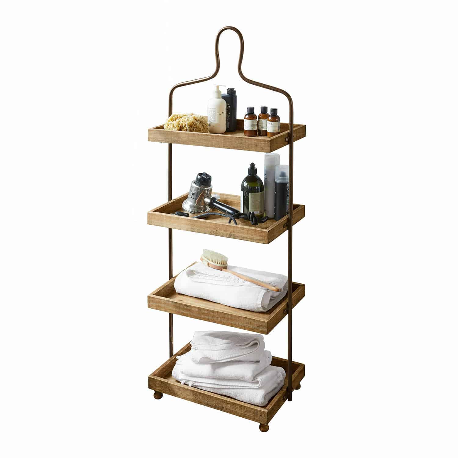 Alzata Lasse Scaffale da bagno con quattro ripiani in legno e struttura metallica marrone, con asciugamani e prodotti per la cura