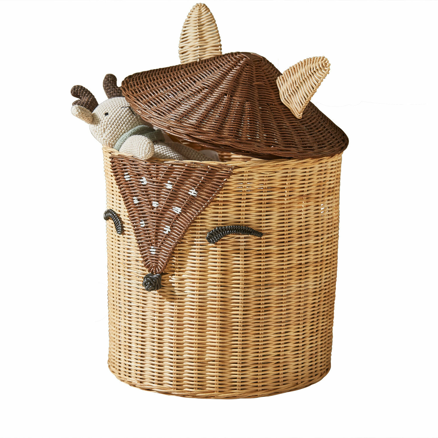 Cesto Irélise Cesto portaoggetti in rattan a forma di volpe in tonalità marroni naturali con giocattolo all'interno