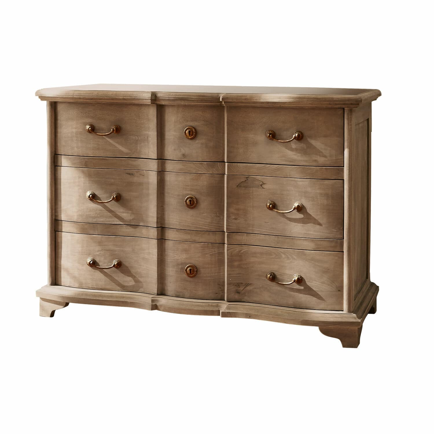 Comò Aiguillon Comò in legno naturale con sei cassetti e maniglie in ottone per una conservazione elegante