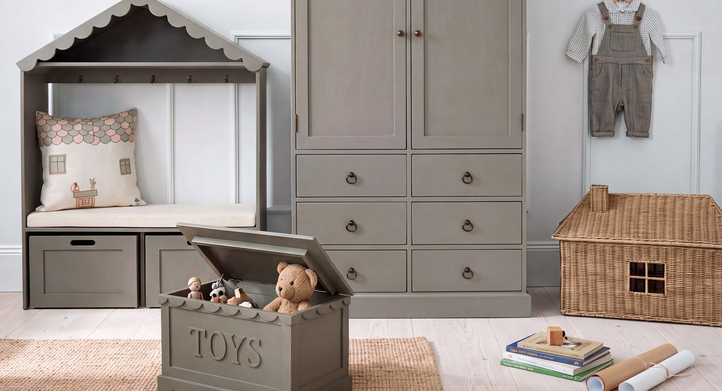 Armadio e cassa dei giocattoli in legno grigio con peluche in una cameretta dai toni delicati