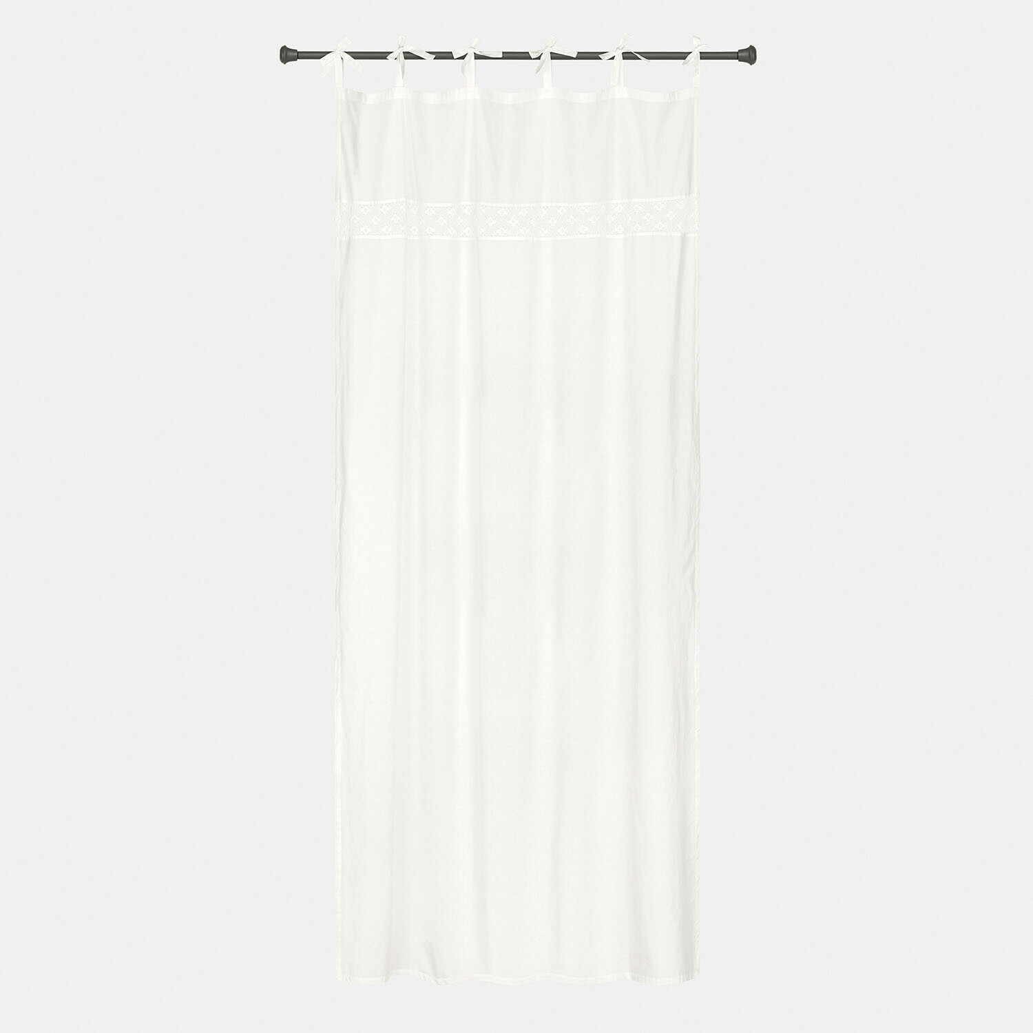 Tenda Isolineas Tenda bianca in cotone con ricamo delicato e nastri per appendere, decorazione per finestra