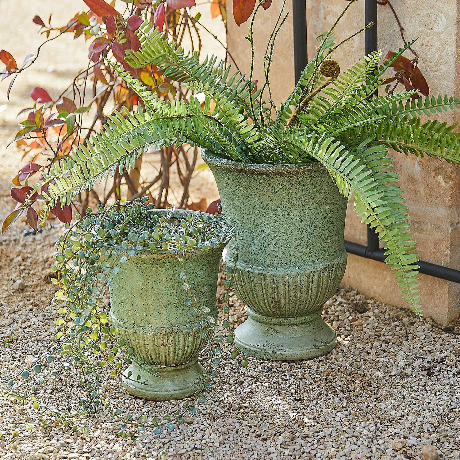 Coppia di anfore Jolivaux Set di due vasi in ceramica verde con piante su ghiaia all'aperto