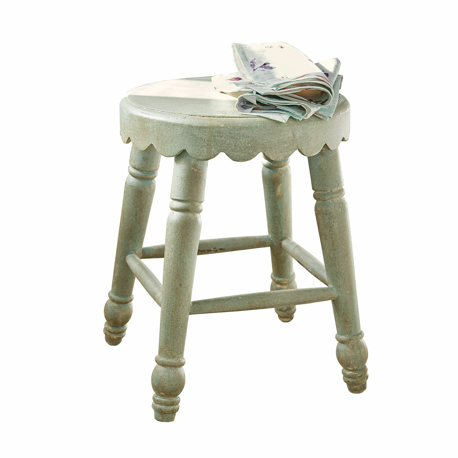 Sgabello Nirvent Sgabello rotondo in legno verde con bordo decorativo e tessuto piegato sul sedile