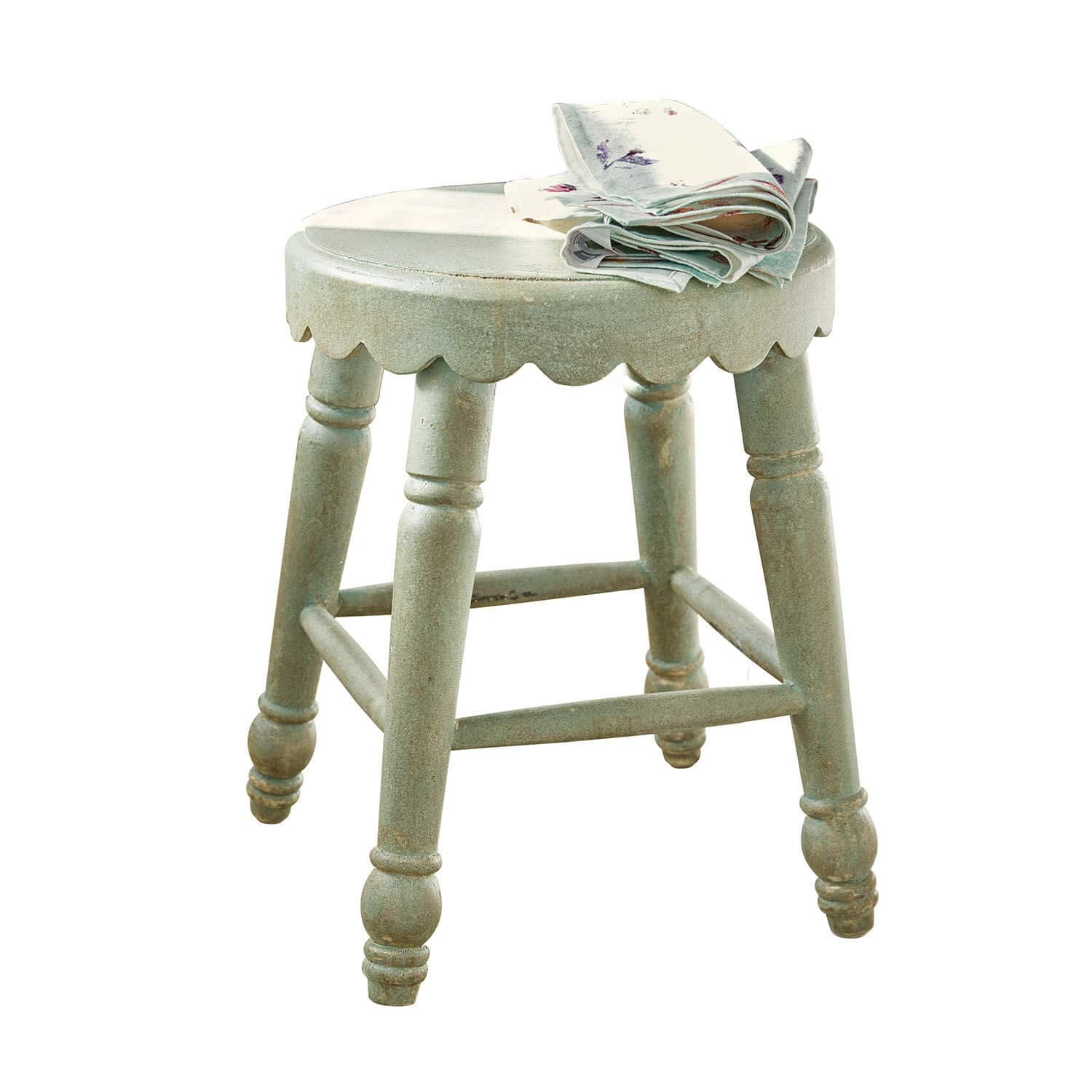 Sgabello Nirvent Sgabello rotondo in legno verde con bordo decorativo e tessuto piegato sul sedile