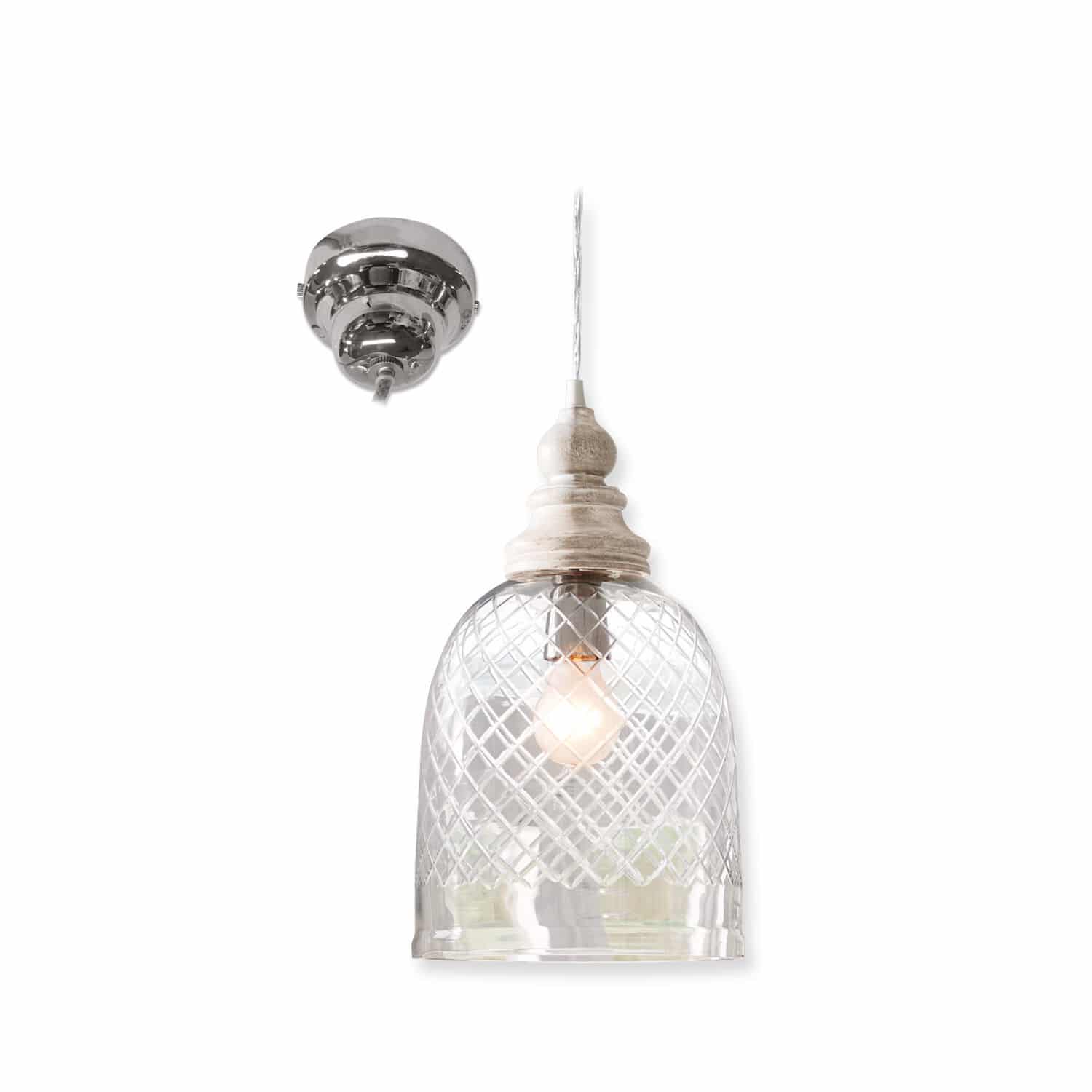 Lampada a sospensione Junia Lampada a sospensione in vetro trasparente con motivo a griglia e dettaglio in legno bianco, illuminazione decorativa