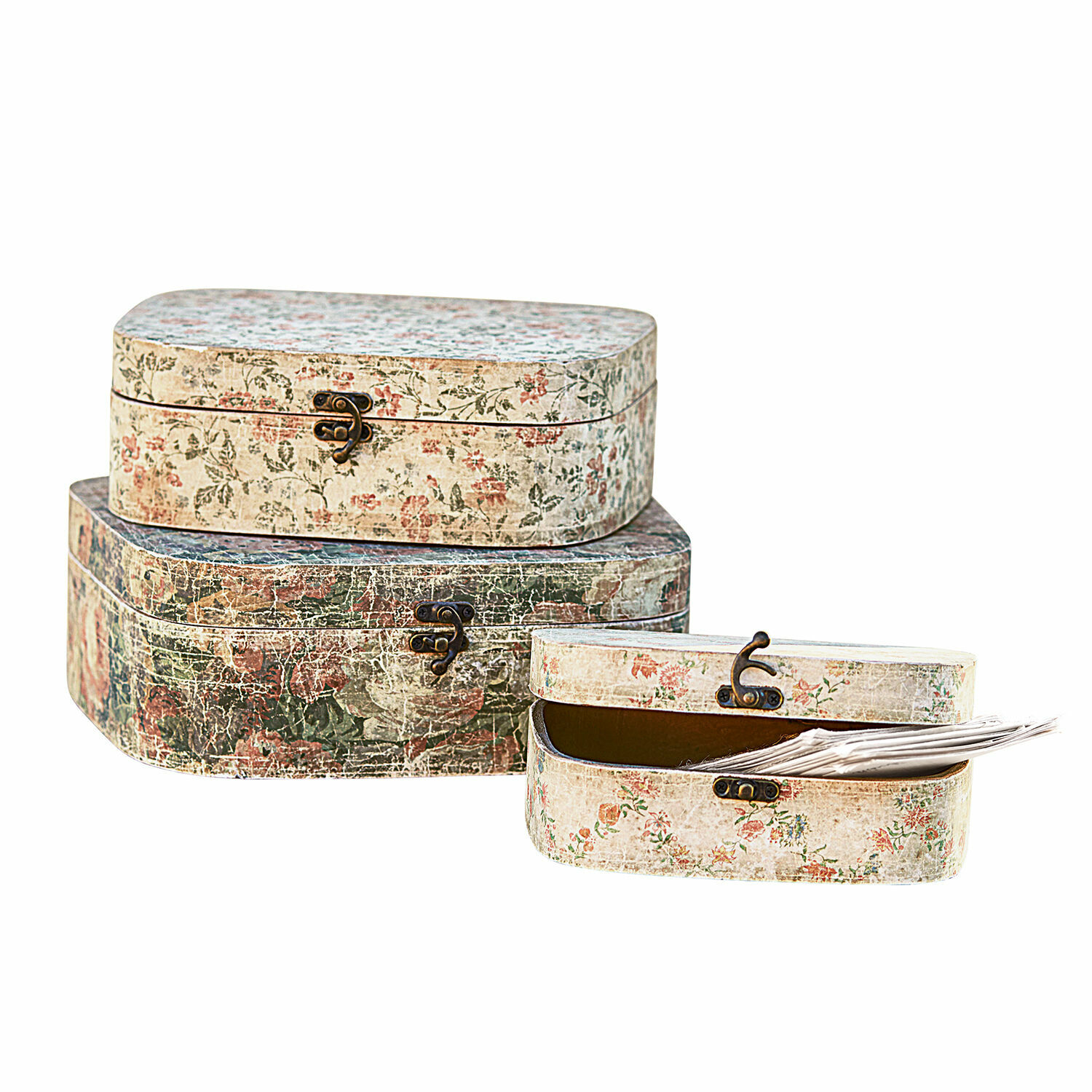 Set di 3 scatole Emmylou Set di tre scatole decorative vintage con chiusure metalliche e motivo floreale in tonalità pastello
