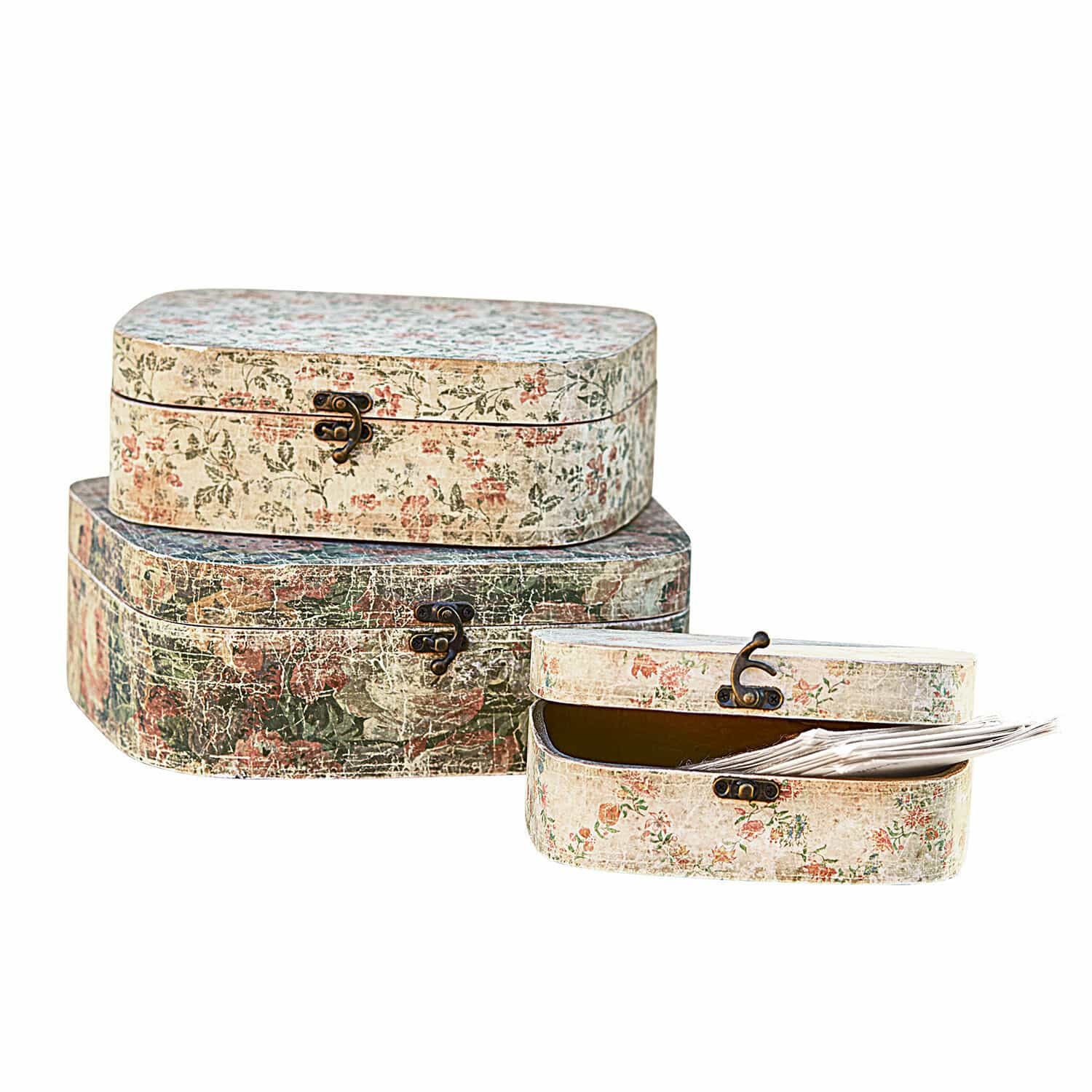 Set di 3 scatole Emmylou Set di tre scatole decorative vintage con chiusure metalliche e motivo floreale in tonalità pastello