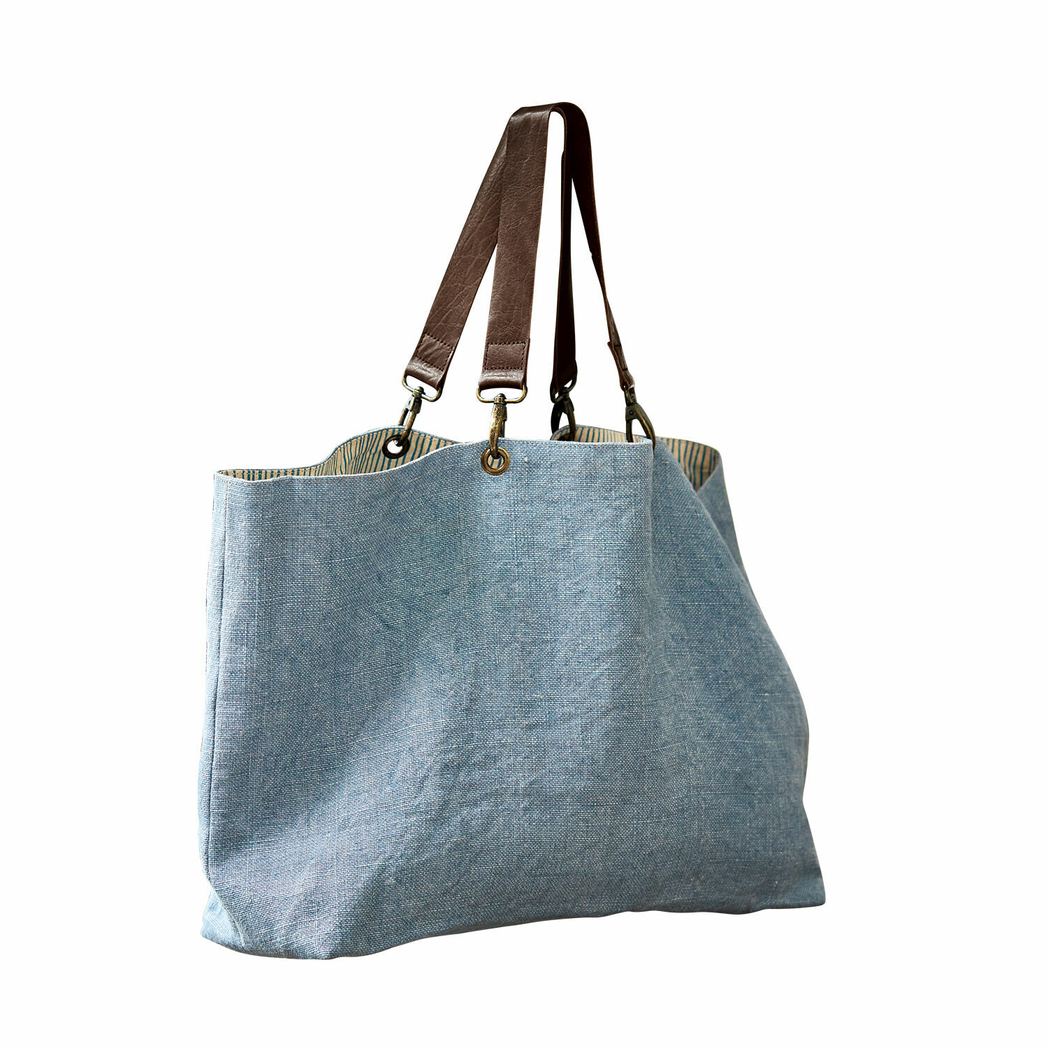 Borsa Bente Grande borsa in lino azzurro chiaro con manici in pelle marrone, borsa pratica per la spesa