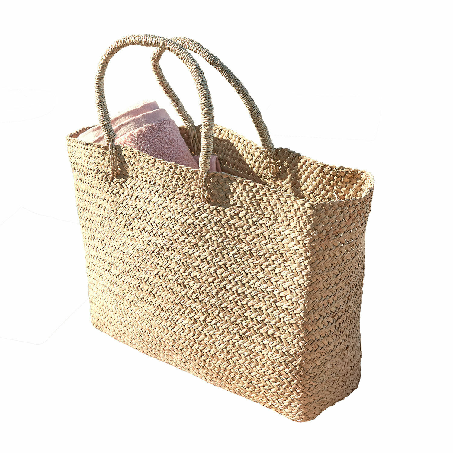 Borsa Ventresque Borsa intrecciata naturale in erba marina con asciugamano rosa, ideale per spiaggia e spesa