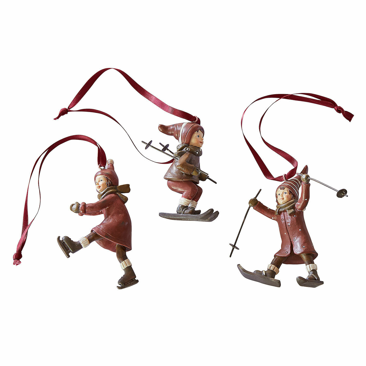 Set di 3 decorazioni da appendere Bibury Set di tre decorazioni rosse con bambini che sciano e pattinano per addobbi natalizi