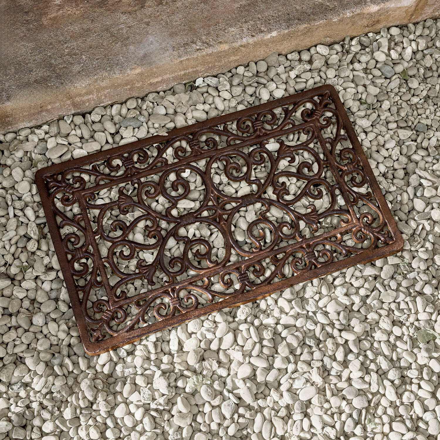 Raschietto per scarpe Fyloran Zerbino in metallo marrone con motivo ornamentale su pietre bianche, zerbino in ghisa