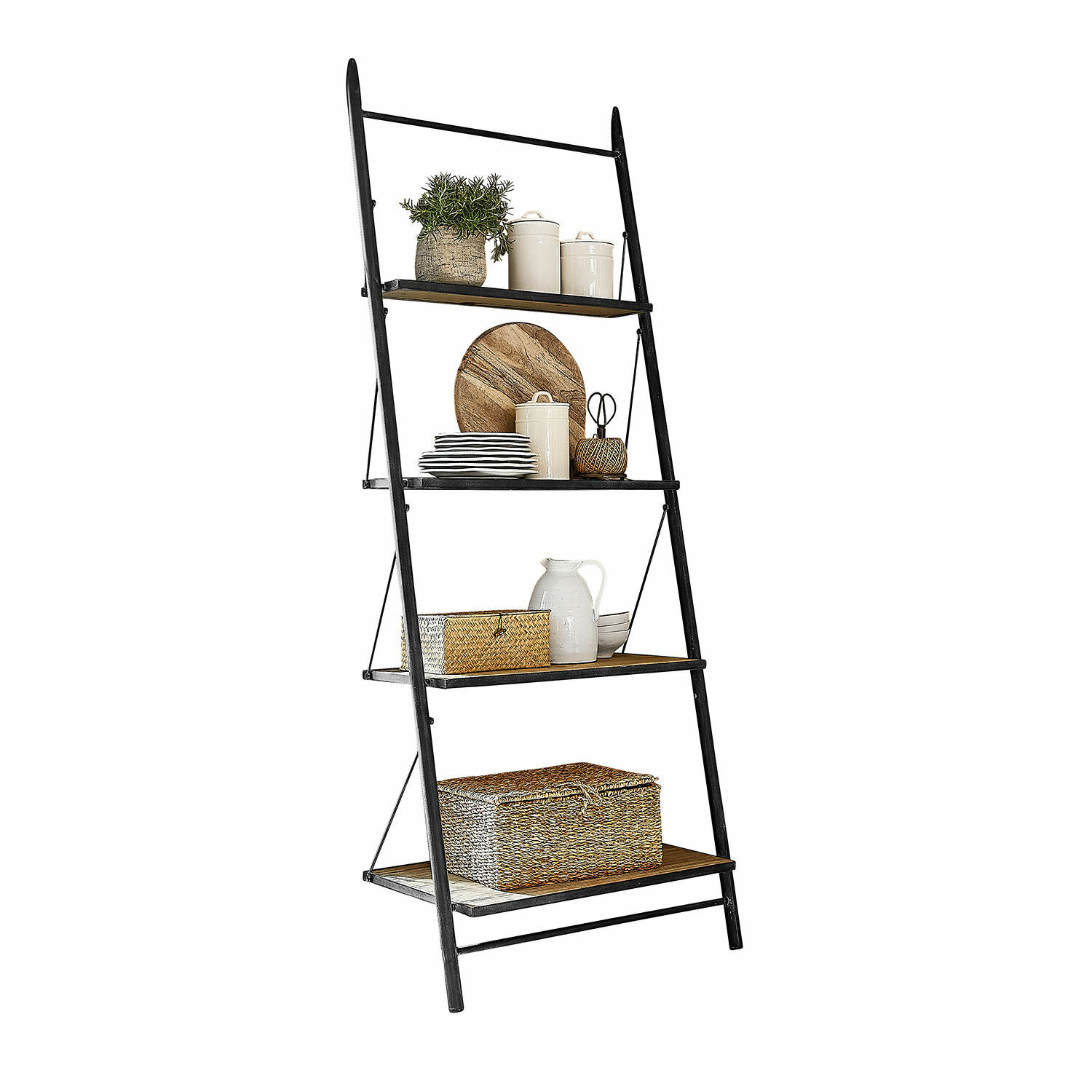 Scaffale Greenbriar Scala nera in metallo con quattro ripiani in legno e decorazioni per conservazione domestica