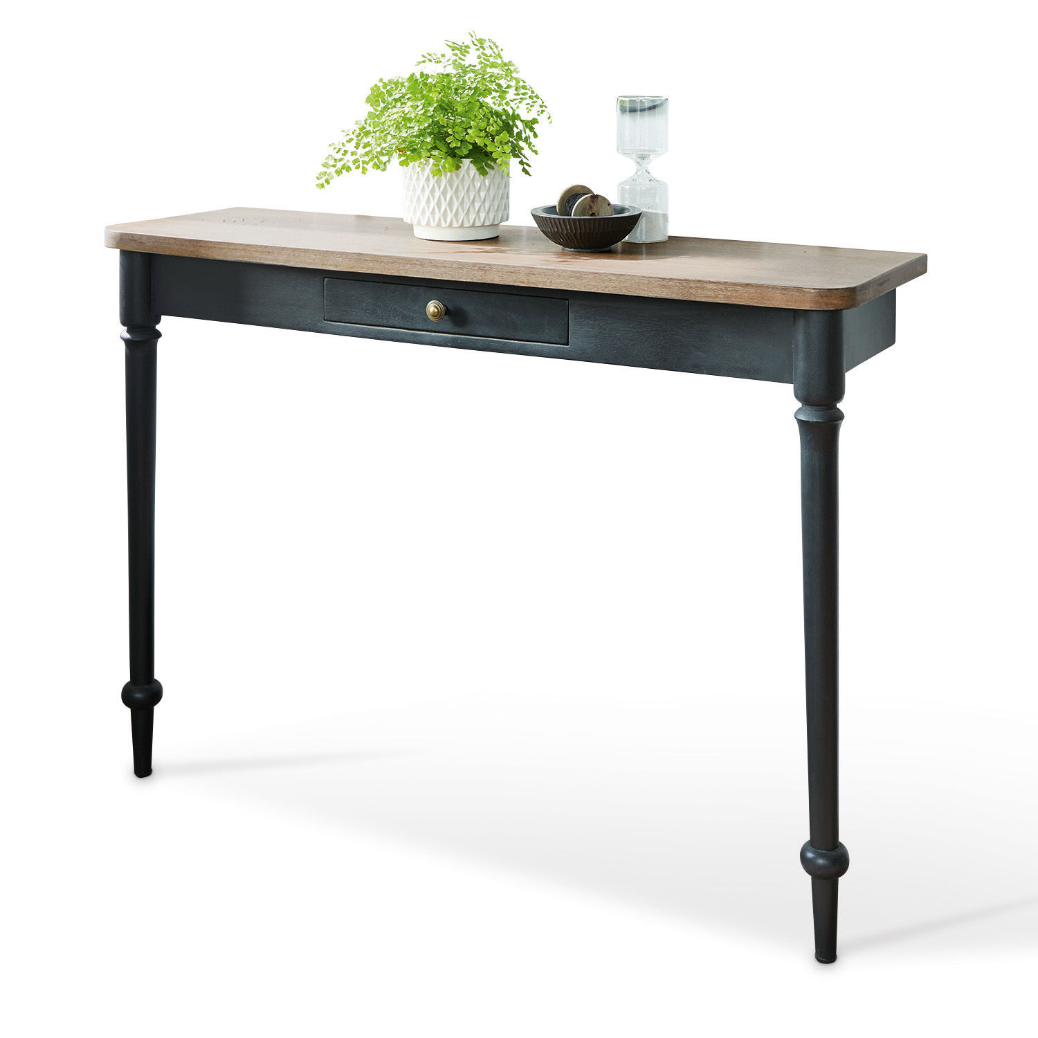 Consolle Jarobrod Consolle in legno nero con piano chiaro e cassetto, stile vintage per soggiorno