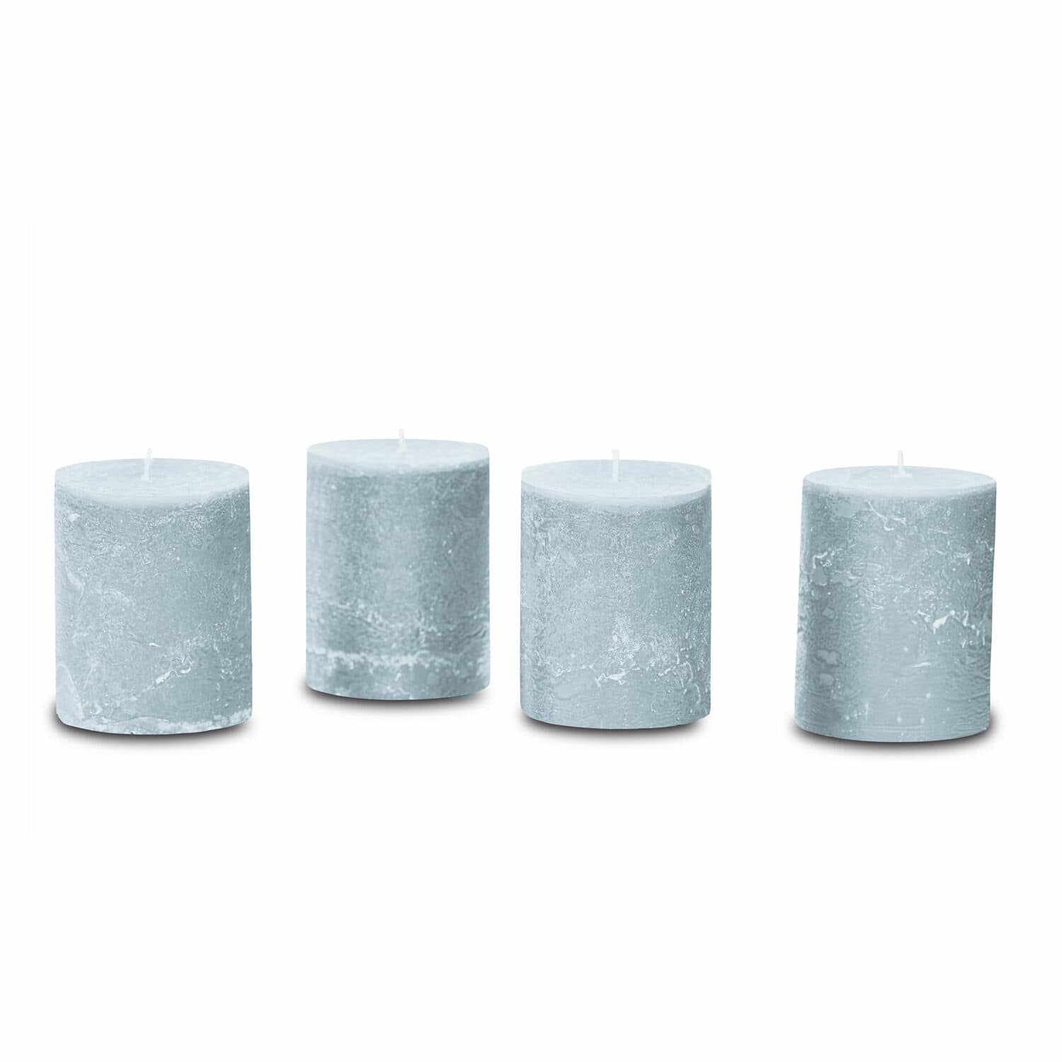 Set di quattro candele grigie in cera con texture rustica per decorazione d'interni