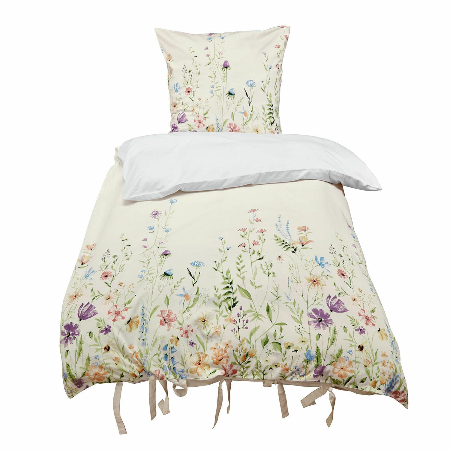 Biancheria da letto Quervaux Biancheria da letto in cotone color crema con stampa floreale colorata e lacci decorativi in basso