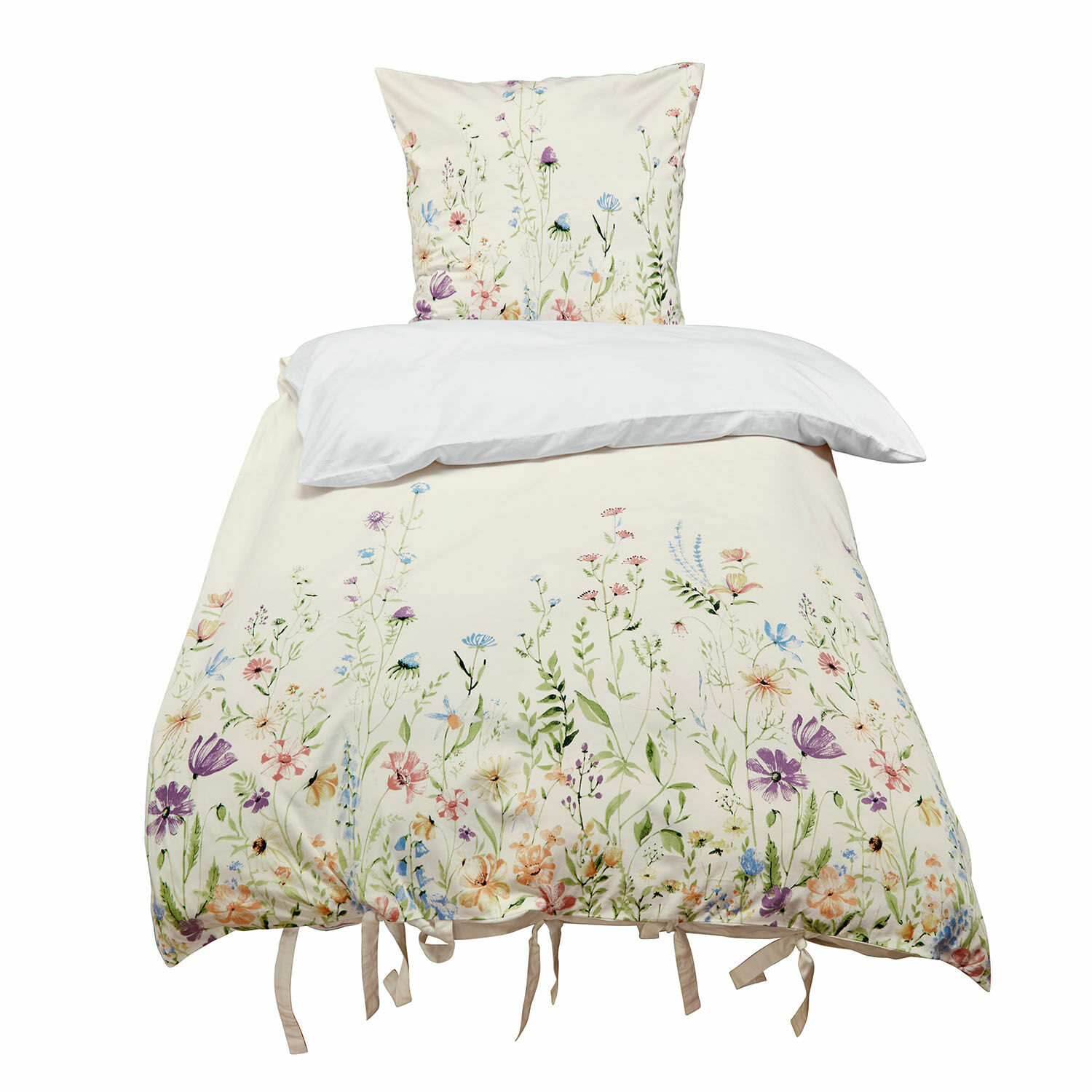 Biancheria da letto Quervaux Biancheria da letto in cotone color crema con stampa floreale colorata e lacci decorativi in basso