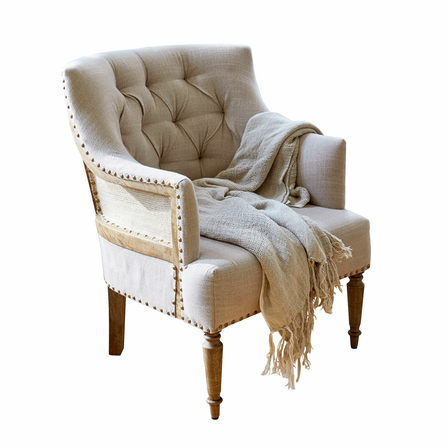 Poltrona Bebington Poltrona beige imbottita con gambe in legno e coperta morbida, stile vintage per soggiorno accogliente