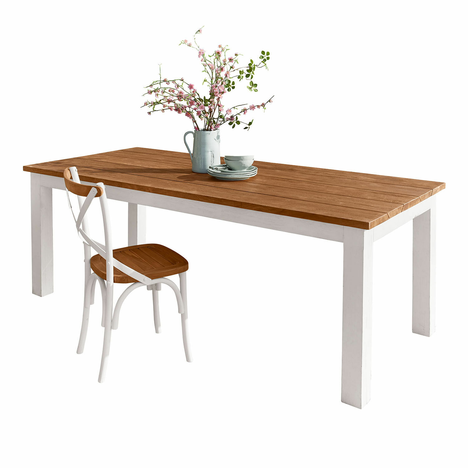 Tavolo Kirkdale Tavolo e sedia in legno bianco e marrone con decorazione floreale sul tavolo