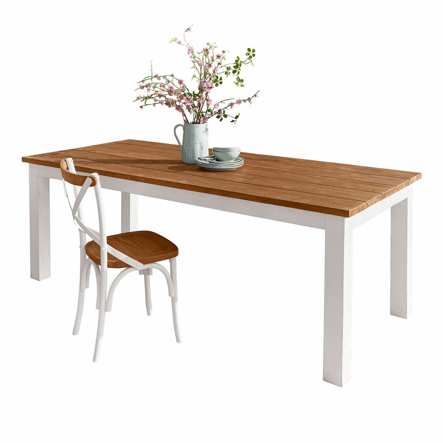Tavolo Kirkdale Tavolo e sedia in legno bianco e marrone con decorazione floreale sul tavolo