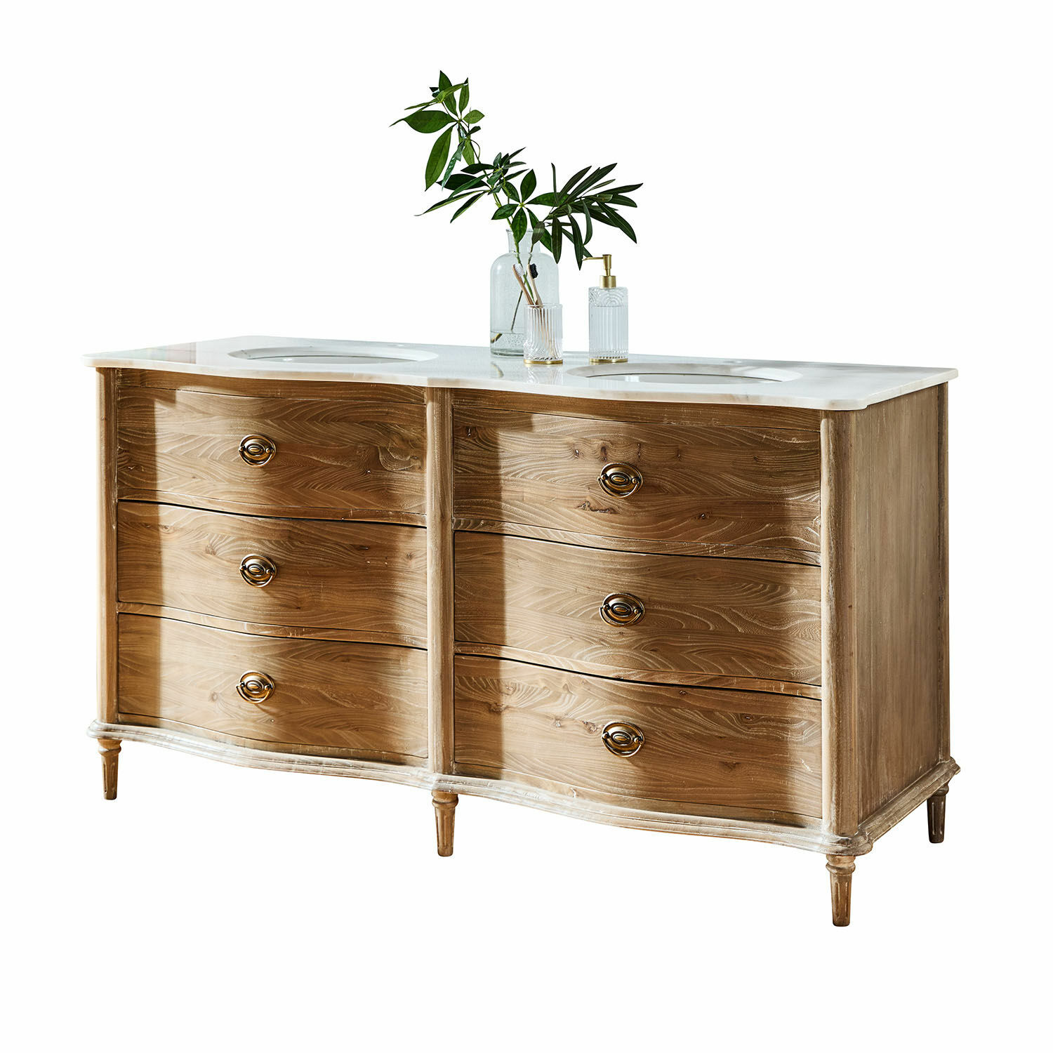Mobile con doppio lavabo Joravelle Mobile bagno in legno con piano in marmo e due lavabi, colore legno naturale