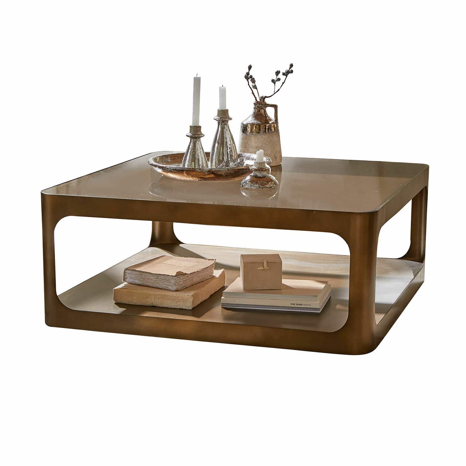 Tavolino da salotto Bexington Tavolino quadrato in metallo color ottone con ripiano e decorazioni sopra