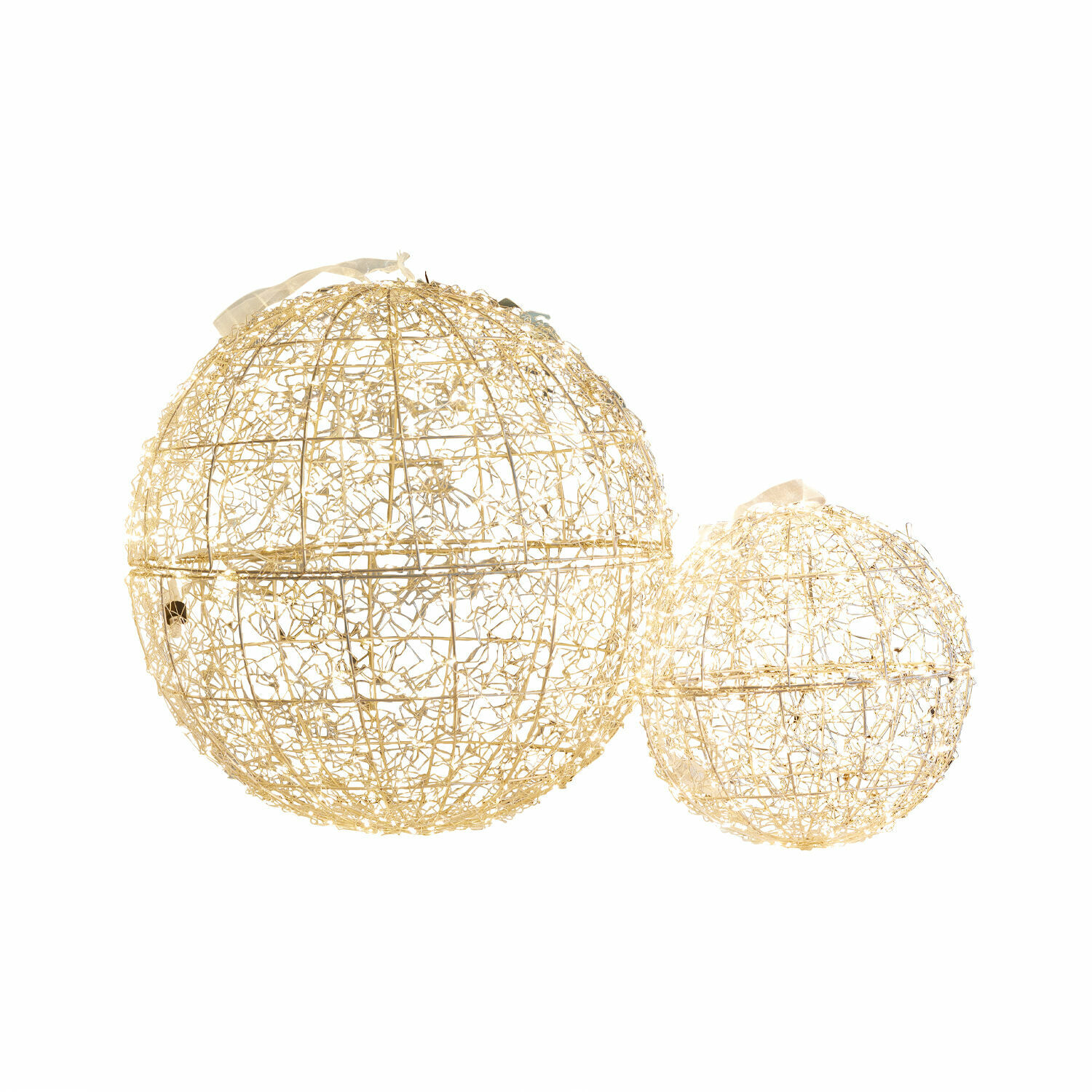 Coppia di sfere a LED Ambertin Due sfere decorative in filo dorato con luci, perfette per decorazioni e illuminazione d'interni.