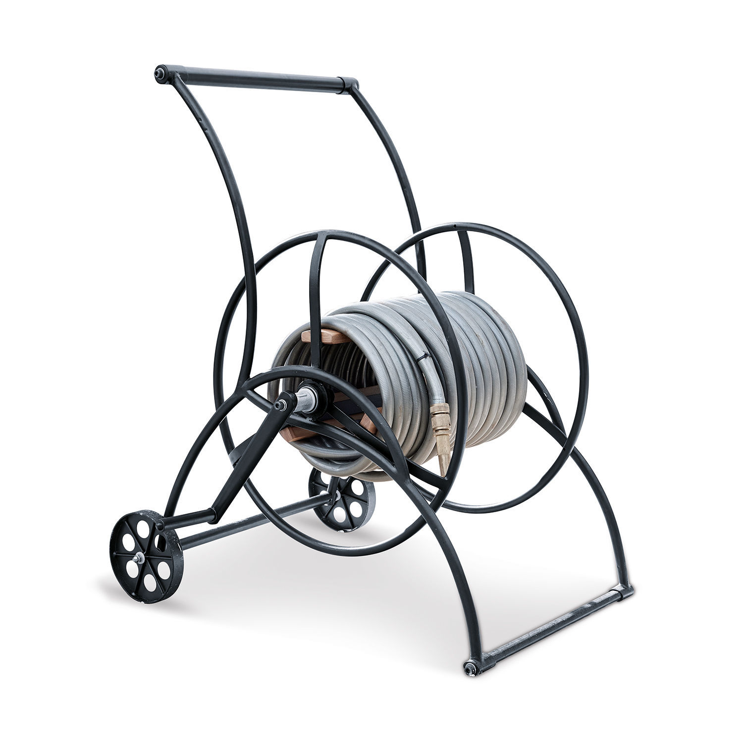 Carrello avvolgitubo Middleby Carrello in metallo nero con tubo da giardino grigio per annaffiatura pratica