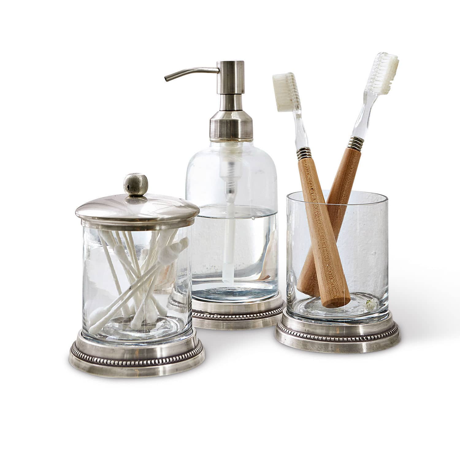 Set per bagno Drinapoly Set bagno in vetro e metallo con dispenser, contenitore per cotton fioc e bicchiere per spazzolini