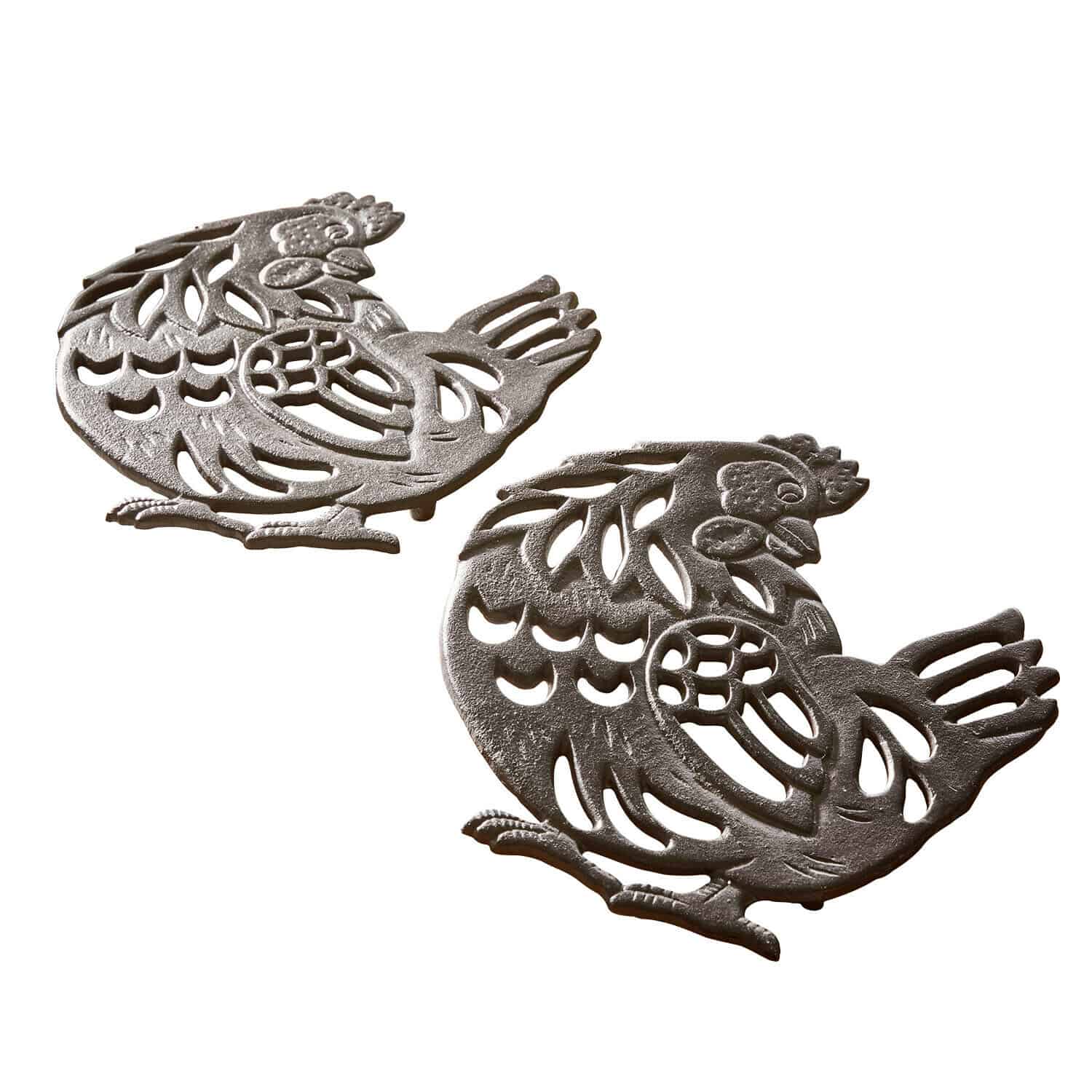Coppia di sottopentole Chavéreau Due presine decorative a forma di gallina in metallo grigio, accessorio rustico per cucina