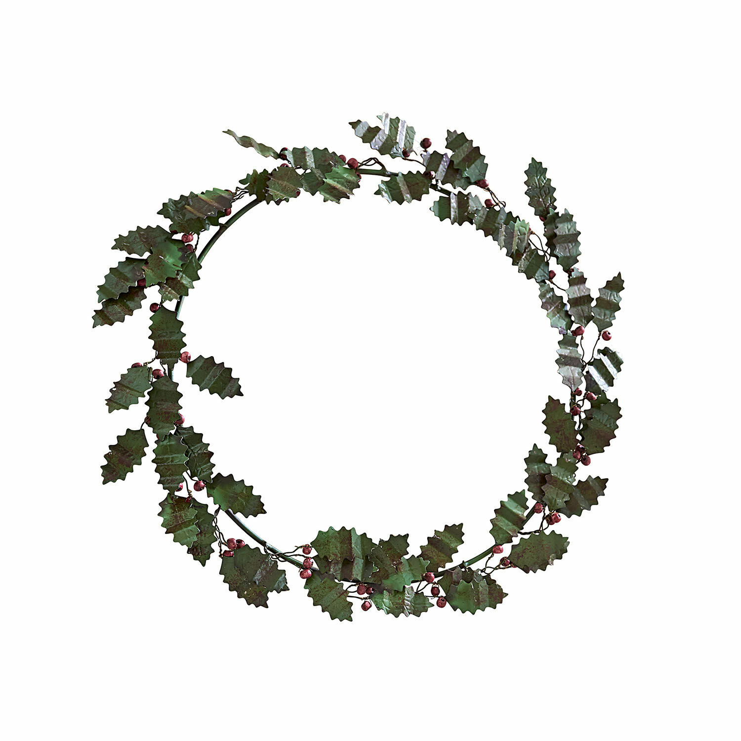 Ghirlanda Fleur Corona in metallo con foglie verdi e bacche rosse per decorazione natalizia